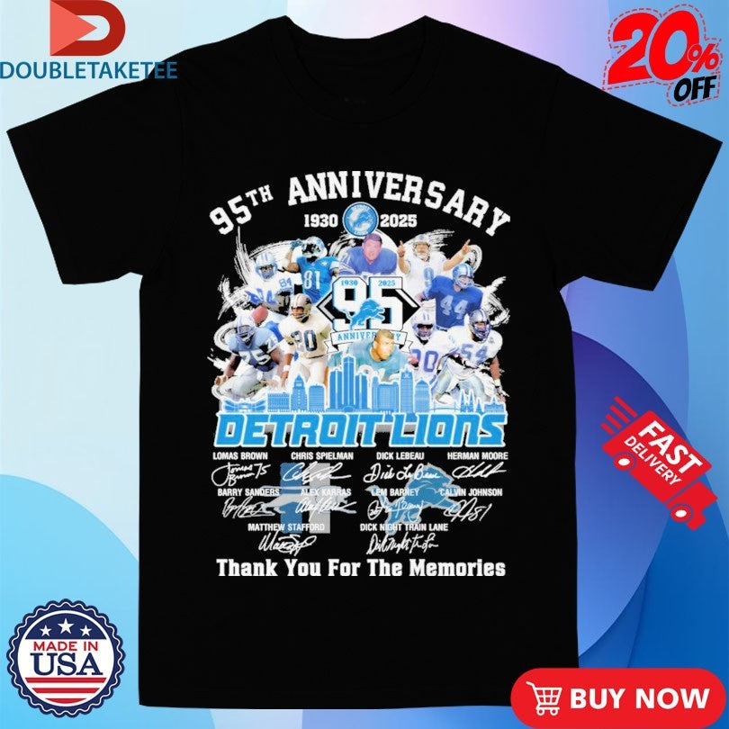 Official Detroit Lions 95th Anniversary 1930-2025 Thank You For The Memories Signatures Shirts