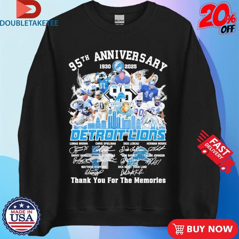 Official Detroit Lions 95th Anniversary 1930-2025 Thank You For The Memories Signatures Shirts