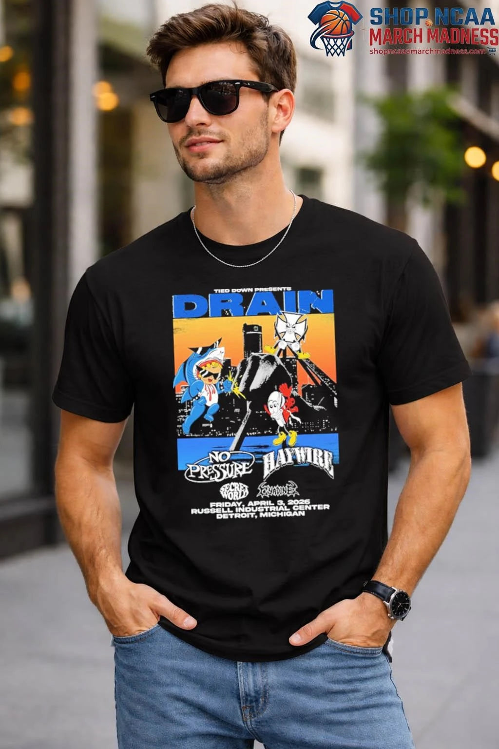 Official Drain Tied Down Presents At Russell Industrial Center On April 3 2025 Detroit Michigan Unisex T Shirt