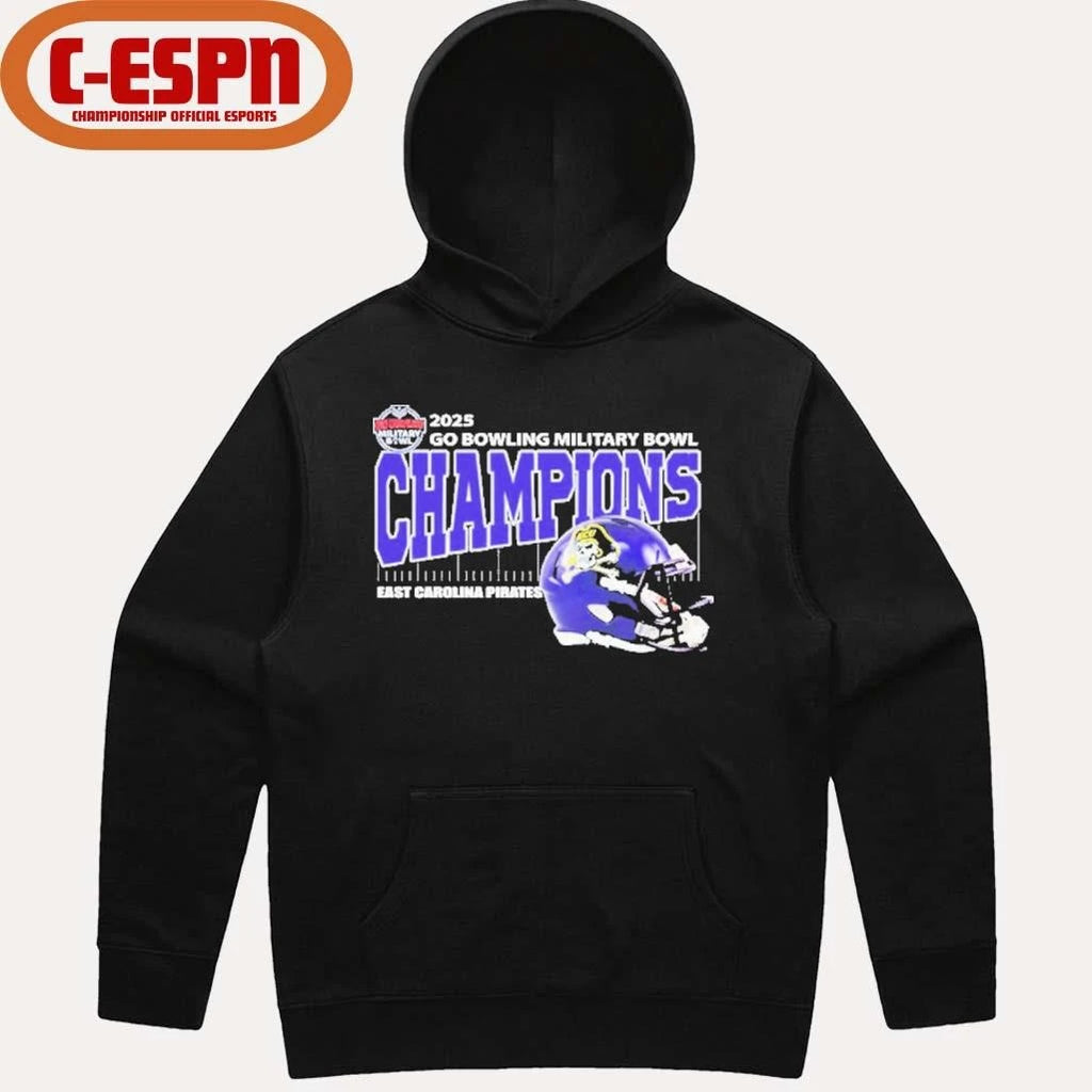 Official East Carolina Pirates Football 2025 Go Bowling Military Bowl Champions Helmet Shirt
