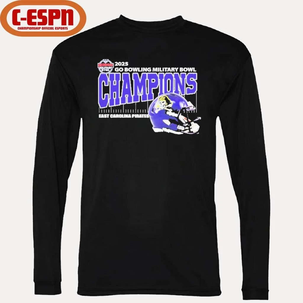 Official East Carolina Pirates Football 2025 Go Bowling Military Bowl Champions Helmet Shirt