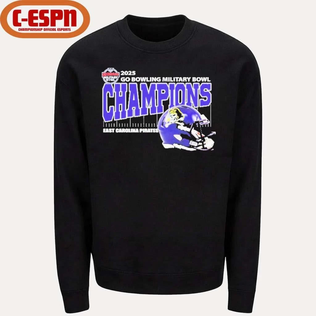 Official East Carolina Pirates Football 2025 Go Bowling Military Bowl Champions Helmet Shirt