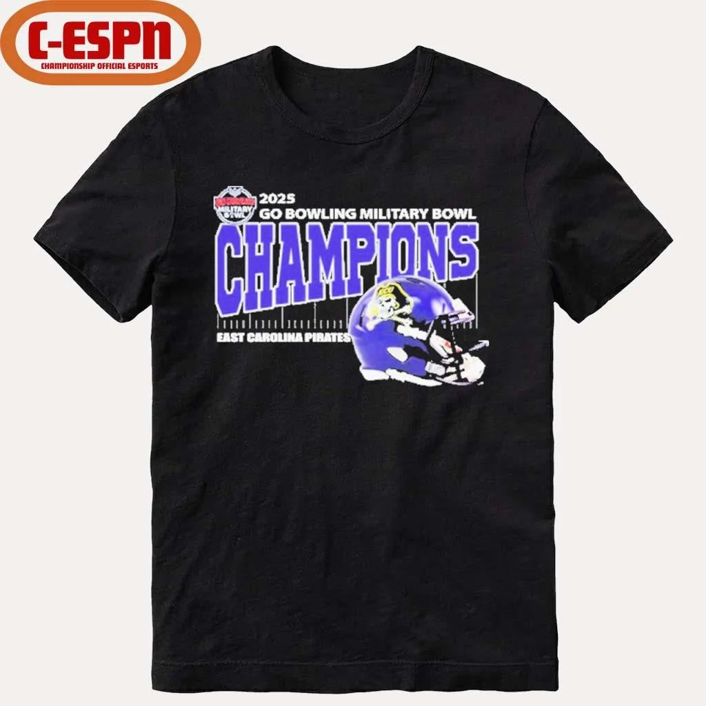 Official East Carolina Pirates Football 2025 Go Bowling Military Bowl Champions Helmet Shirt