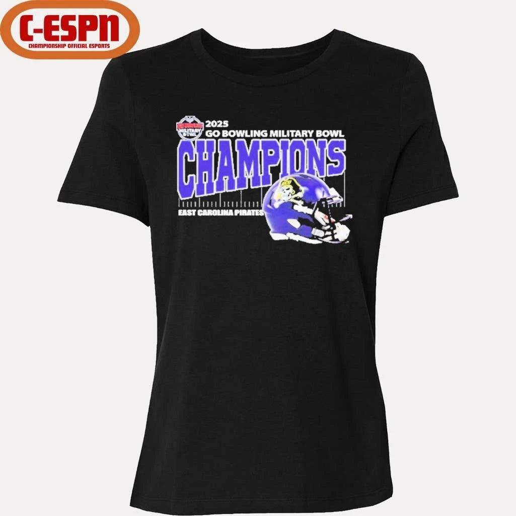 Official East Carolina Pirates Football 2025 Go Bowling Military Bowl Champions Helmet Shirt