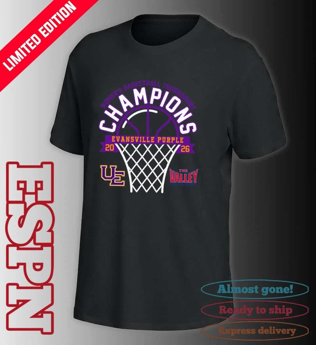 Official Evansville Purple 2026 Missouri Valley Conference Women’s Basketball Tournament Champions Shirt