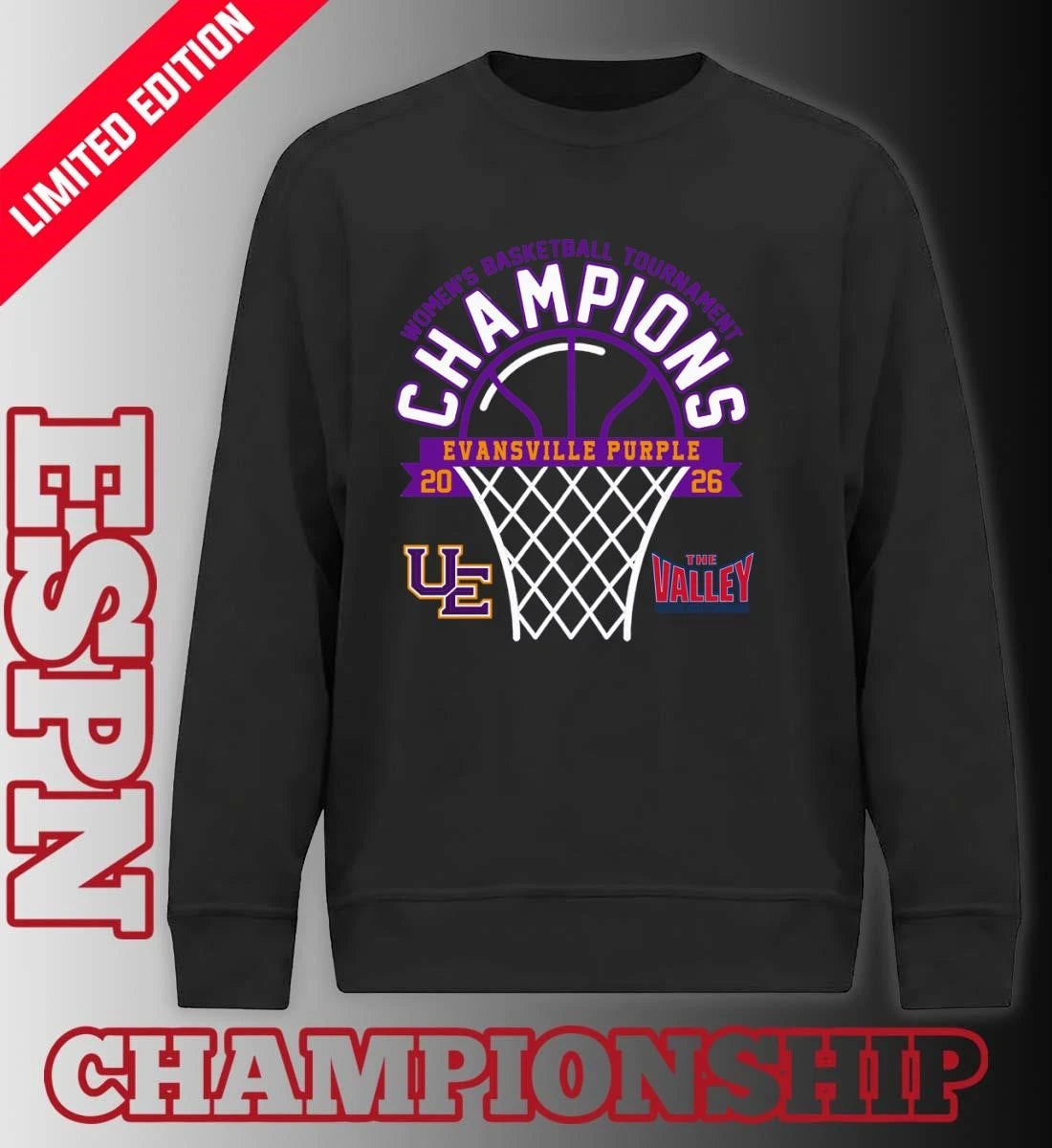 Official Evansville Purple 2026 Missouri Valley Conference Women’s Basketball Tournament Champions Shirt