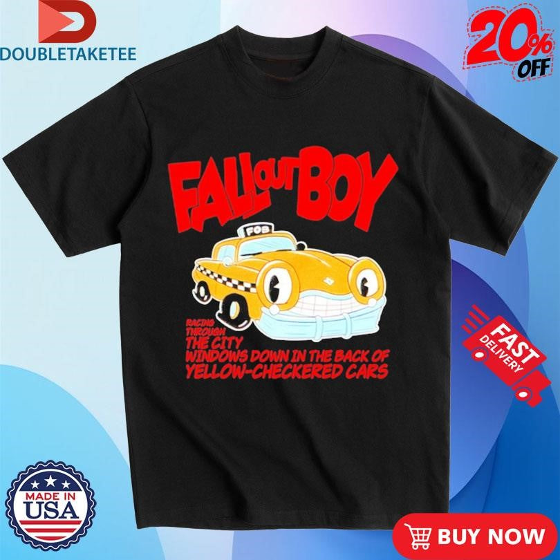 Official Fall Out Boy Racing Through The City Windows Down In The Dark Of Yellow Checkered Cars Shirts