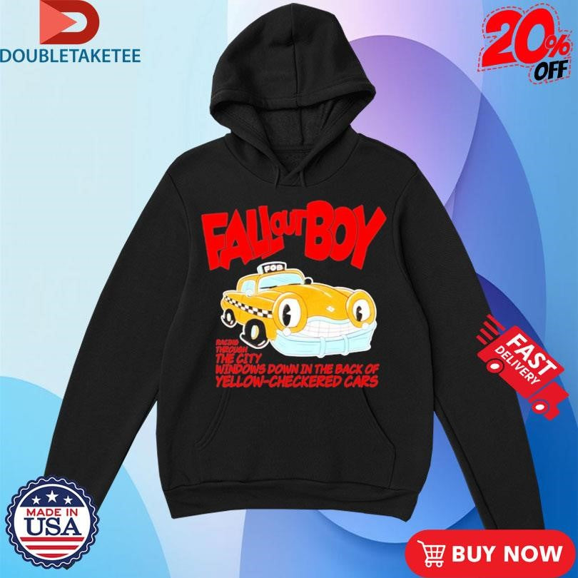 Official Fall Out Boy Racing Through The City Windows Down In The Dark Of Yellow Checkered Cars Shirts
