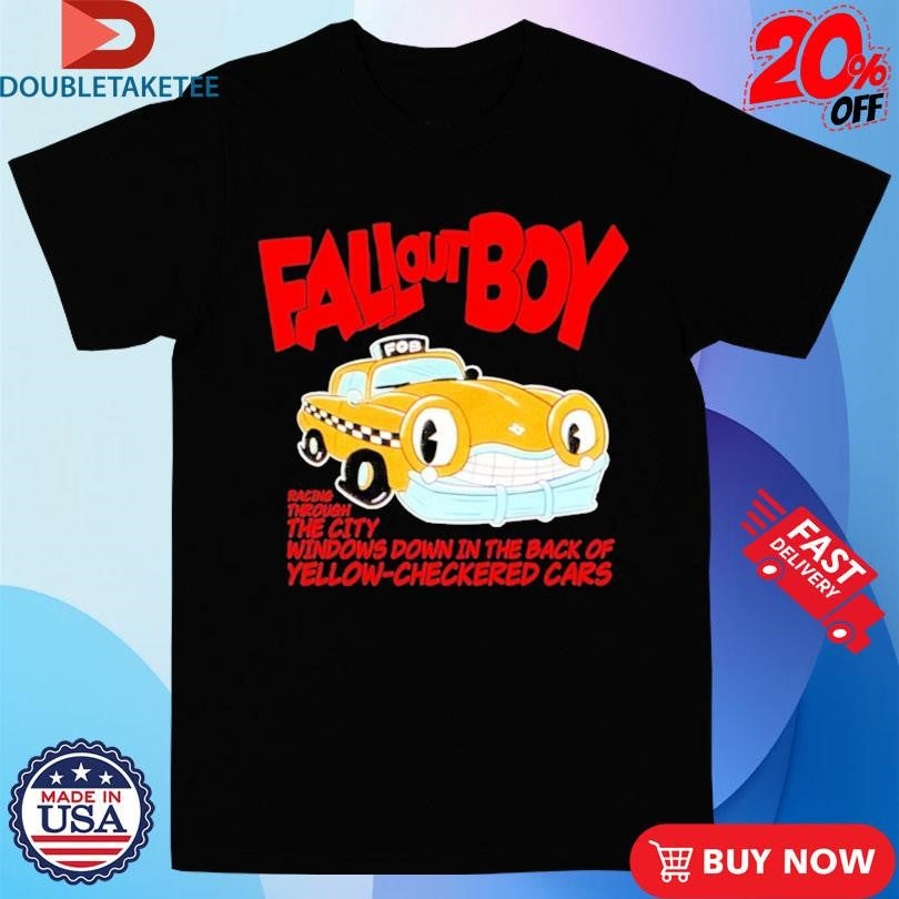 Official Fall Out Boy Racing Through The City Windows Down In The Dark Of Yellow Checkered Cars Shirts