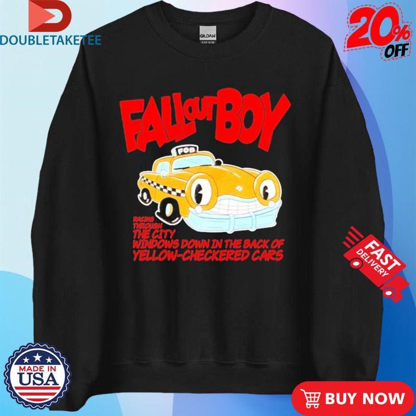 Official Fall Out Boy Racing Through The City Windows Down In The Dark Of Yellow Checkered Cars Shirts