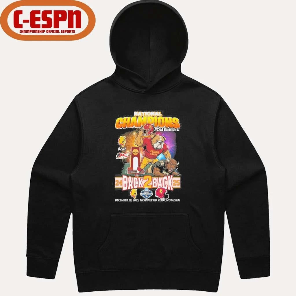 Official Ferris State Bulldogs Mascot Back 2 Back DII Football National Champions T-Shirt
