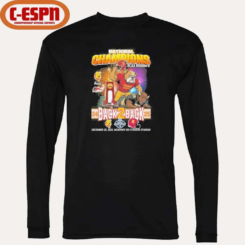 Official Ferris State Bulldogs Mascot Back 2 Back DII Football National Champions T-Shirt