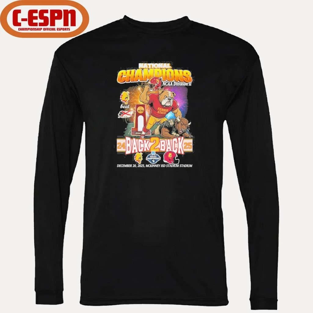 Official Ferris State Bulldogs Mascot Back 2 Back DII Football National Champions T-Shirt