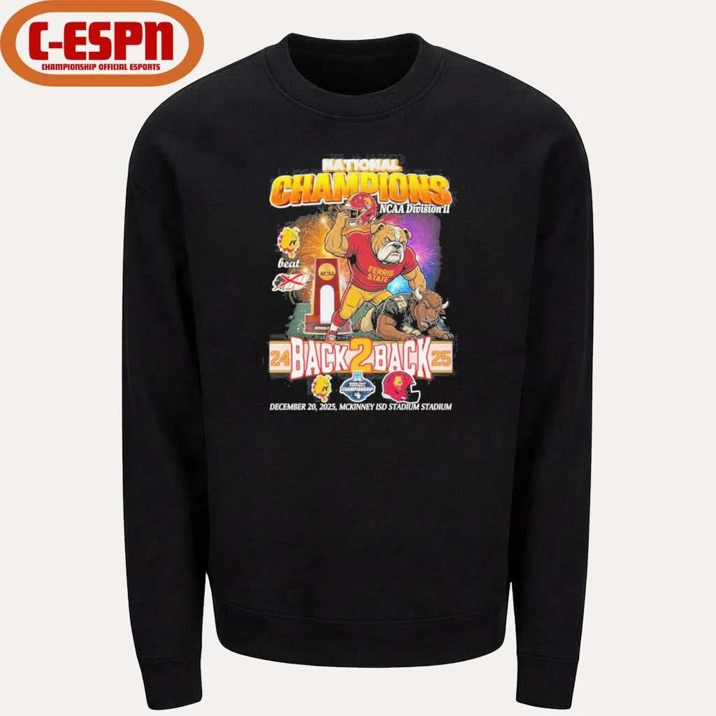 Official Ferris State Bulldogs Mascot Back 2 Back DII Football National Champions T-Shirt