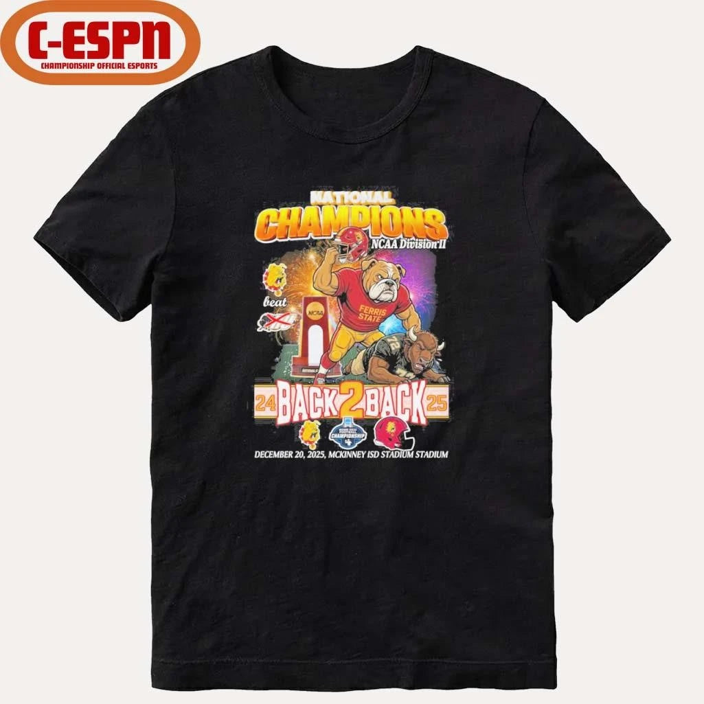 Official Ferris State Bulldogs Mascot Back 2 Back DII Football National Champions T-Shirt