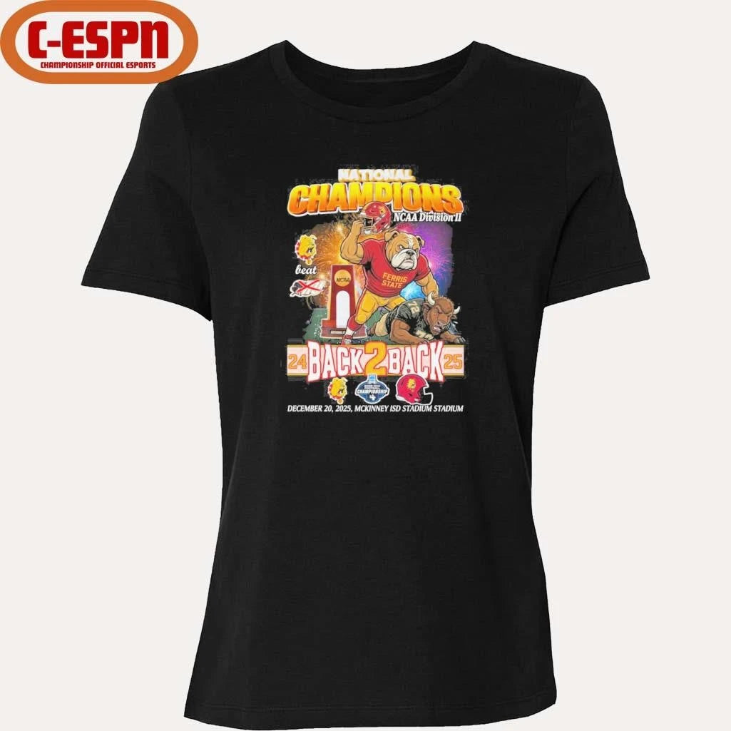 Official Ferris State Bulldogs Mascot Back 2 Back DII Football National Champions T-Shirt