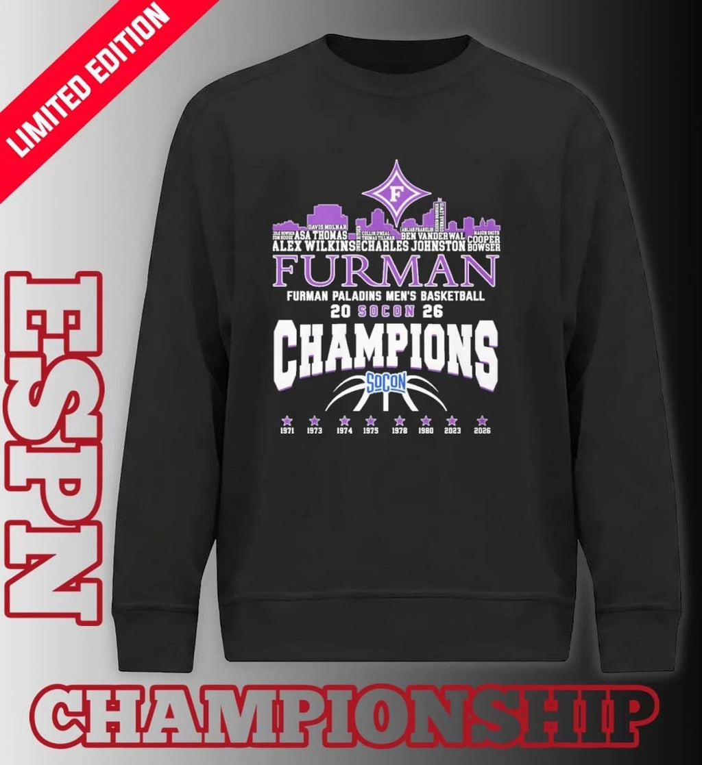 Official Furman Men’s Basketball 2026 Socon Champions Skyline Player Name Shirt