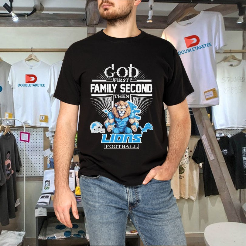 Official God First Family Second Then Detroit Lions Mascot Helmet Shirts