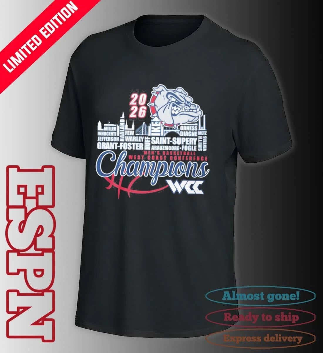 Official Gonzaga Bulldogs Men’s Basketball WCC Champions Skyline Player Name Shirt