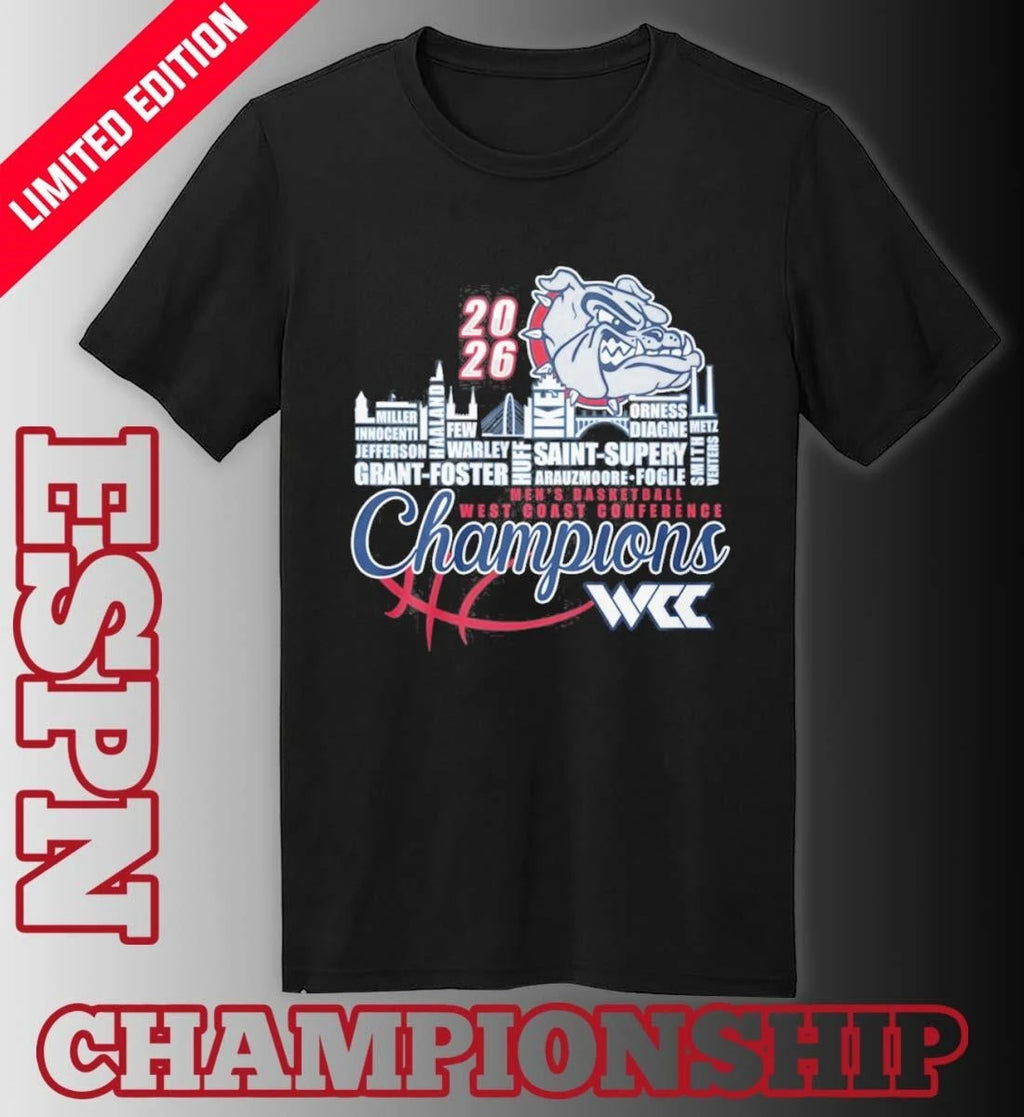 Official Gonzaga Bulldogs Men’s Basketball WCC Champions Skyline Player Name Shirt
