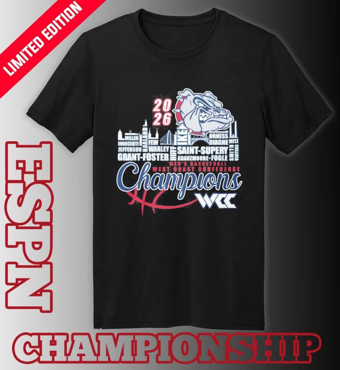 Official Gonzaga Bulldogs Men’s Basketball WCC Champions Skyline Player Name Shirt
