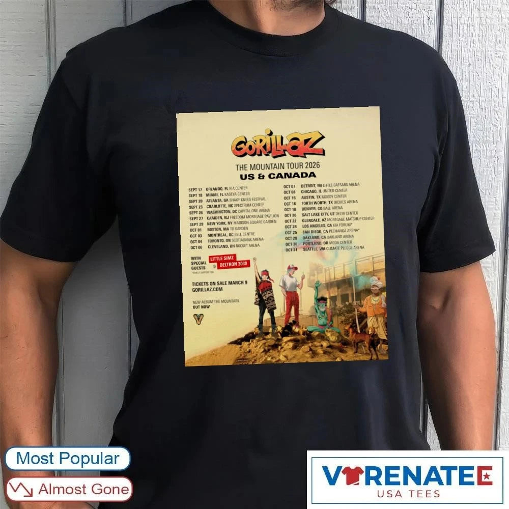 Official Gorillaz The Mountain Tour 2026 US And Canada Poster T-shirt