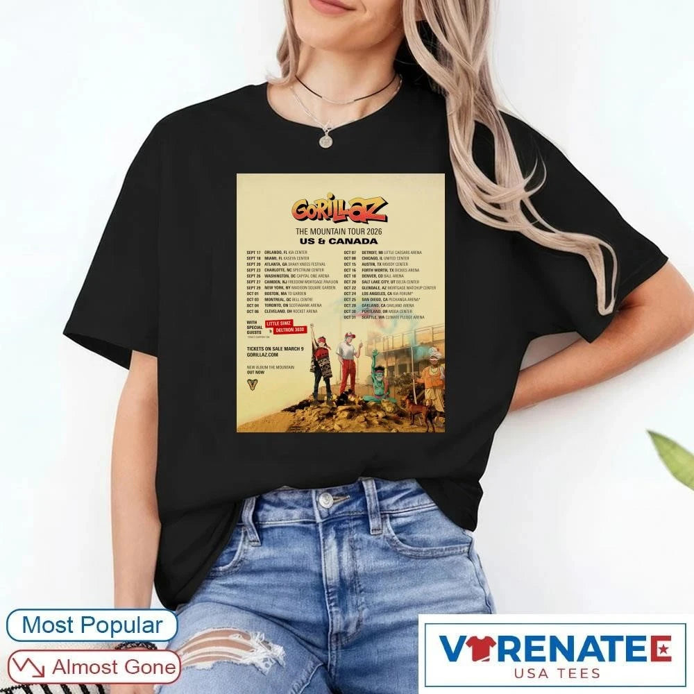 Official Gorillaz The Mountain Tour 2026 US And Canada Poster T-shirt
