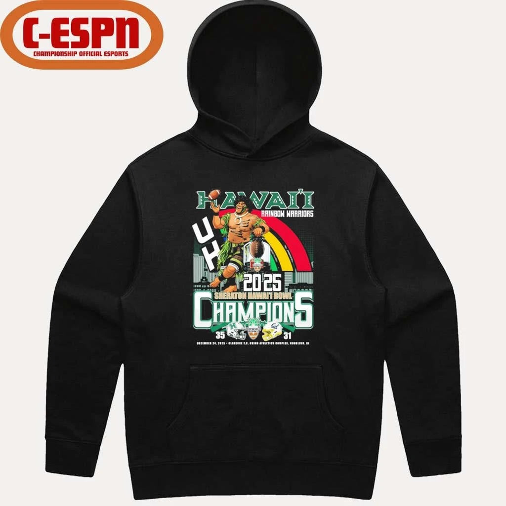 Official Hawaii Rainbow Warriors Mascot 2025 Sheraton Hawaii Bowl Champions Score Shirt
