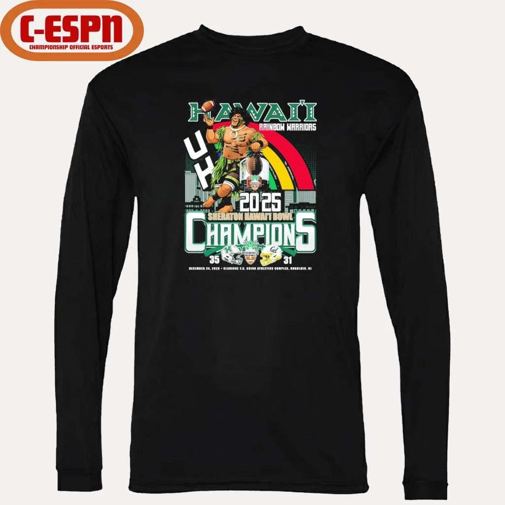 Official Hawaii Rainbow Warriors Mascot 2025 Sheraton Hawaii Bowl Champions Score Shirt