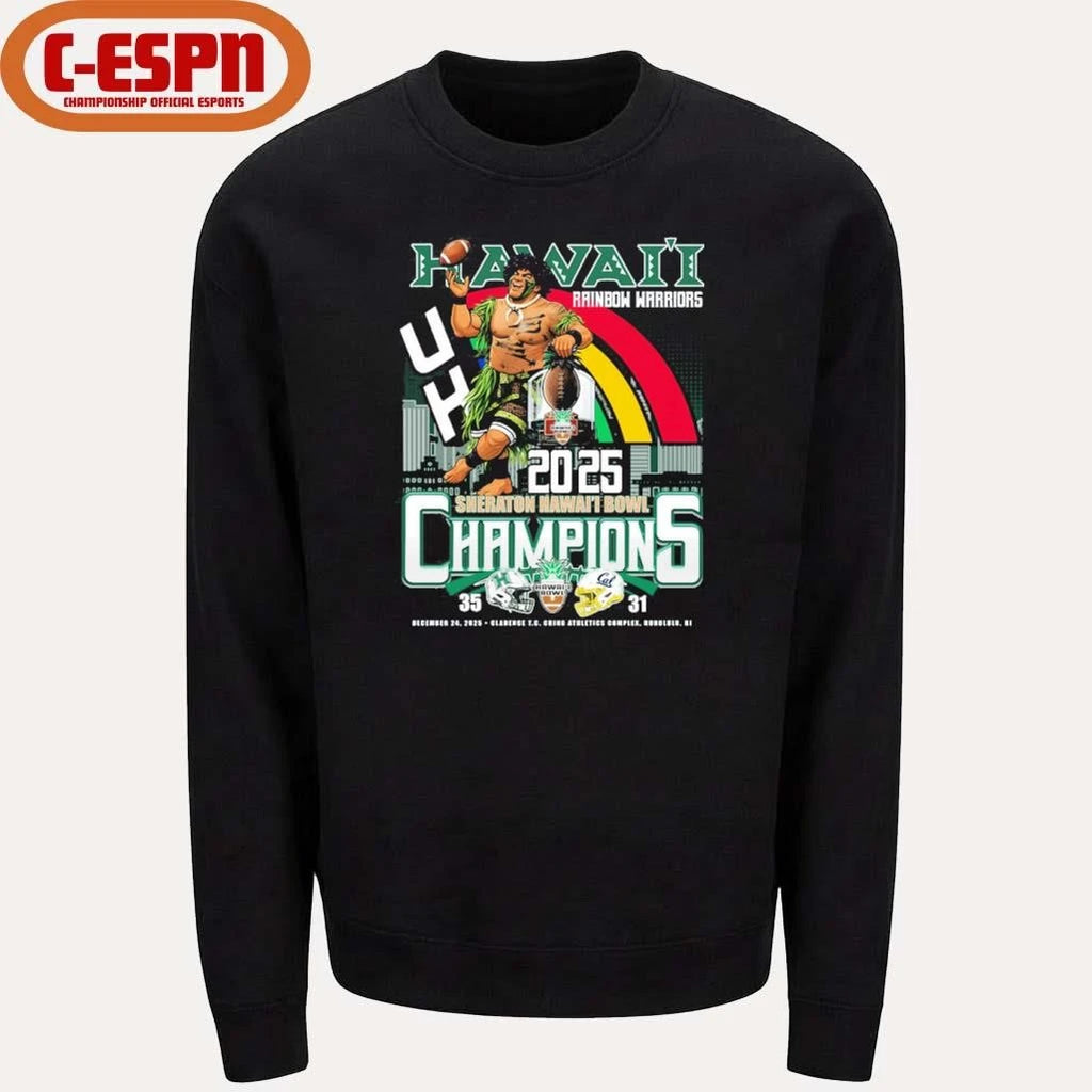 Official Hawaii Rainbow Warriors Mascot 2025 Sheraton Hawaii Bowl Champions Score Shirt