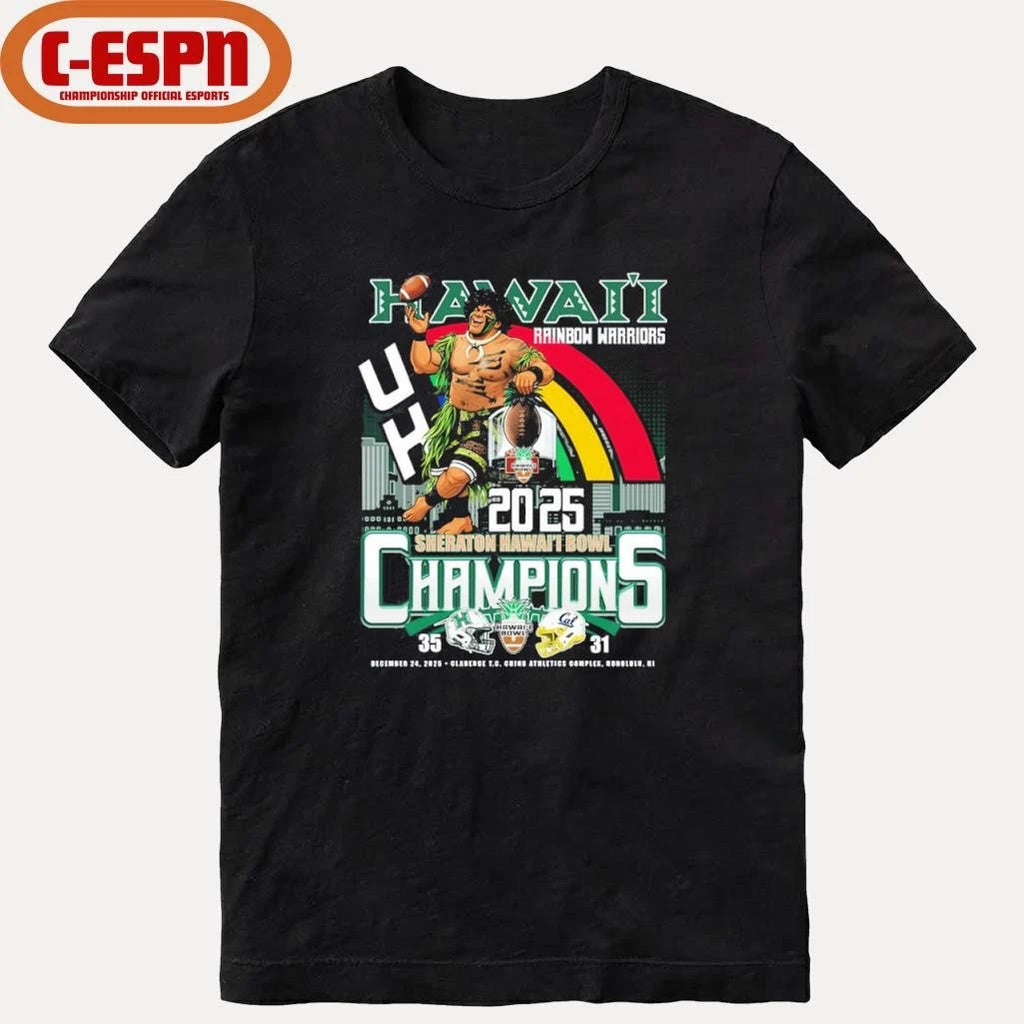 Official Hawaii Rainbow Warriors Mascot 2025 Sheraton Hawaii Bowl Champions Score Shirt