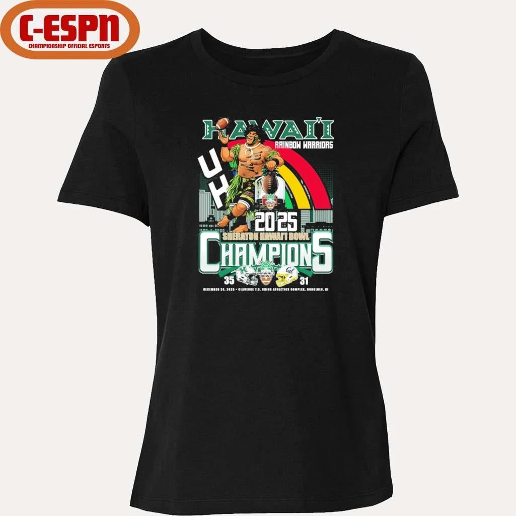 Official Hawaii Rainbow Warriors Mascot 2025 Sheraton Hawaii Bowl Champions Score Shirt