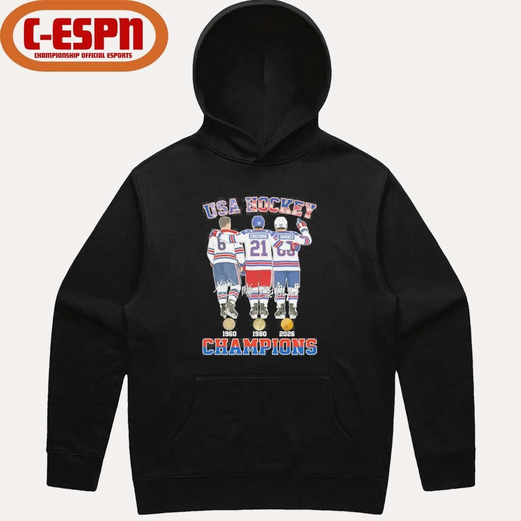 Official Herb Brooks, Mike Eruzione And Jack Hughes USA Hockey Champions Shirt