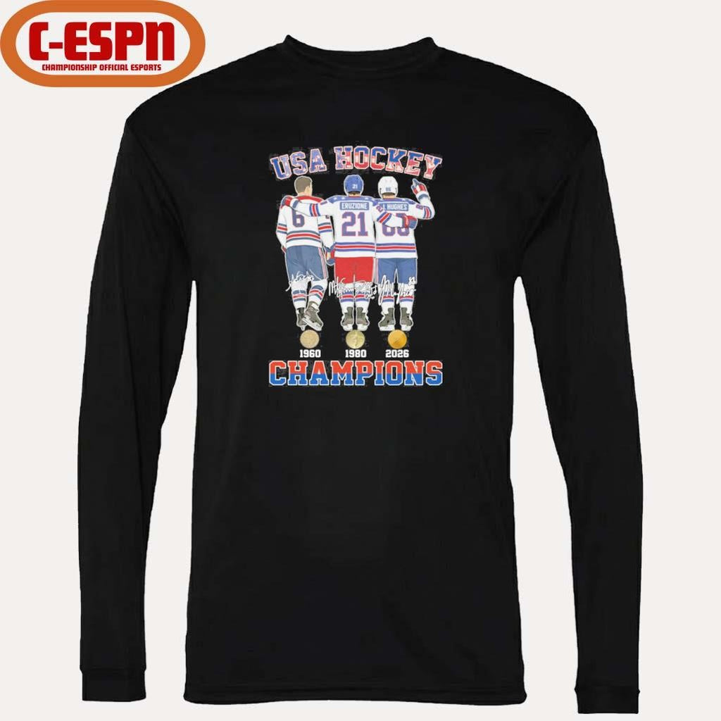 Official Herb Brooks, Mike Eruzione And Jack Hughes USA Hockey Champions Shirt