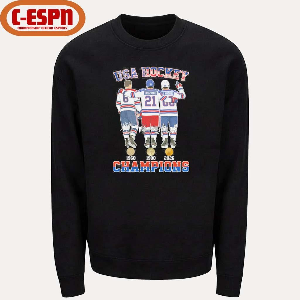 Official Herb Brooks, Mike Eruzione And Jack Hughes USA Hockey Champions Shirt