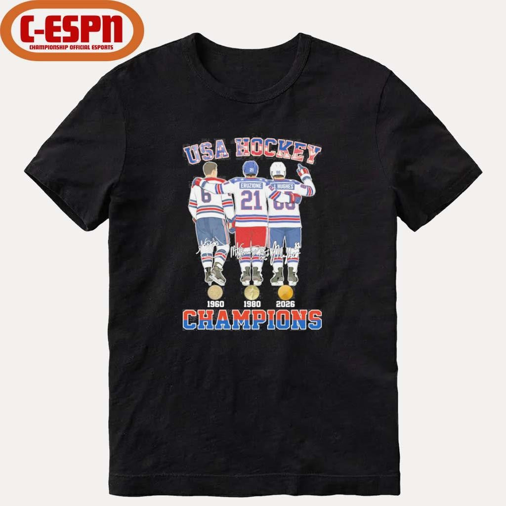 Official Herb Brooks, Mike Eruzione And Jack Hughes USA Hockey Champions Shirt
