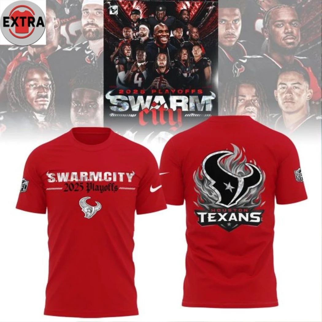 Official Houston Texans Swarm City 2025 Playoffs Red Logo Two Sided Shirt