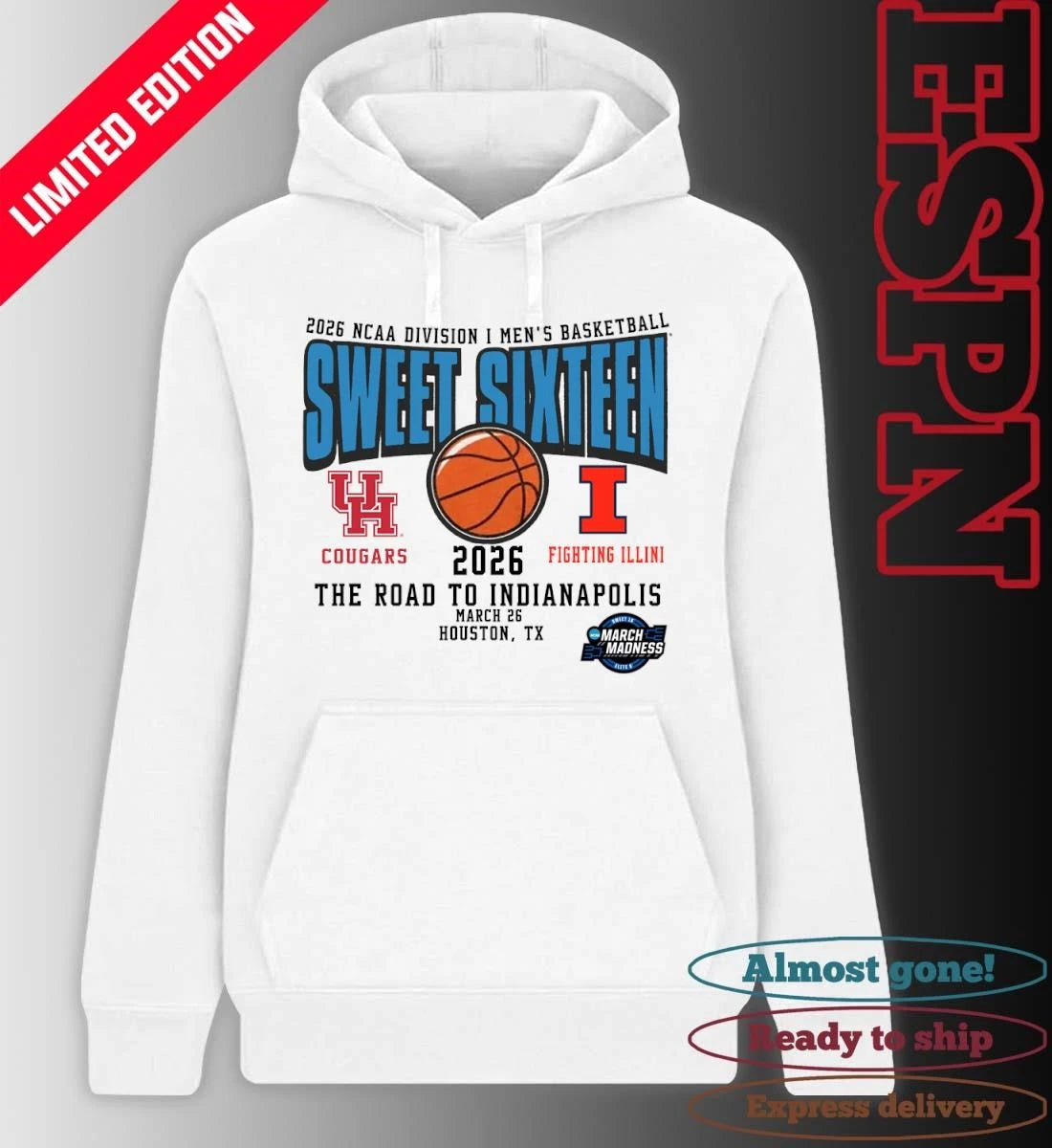 Official Houston Vs Illinois 2026 NCAA DI Men’s Basketball Tournament Sweet Sixteen T-Shirt