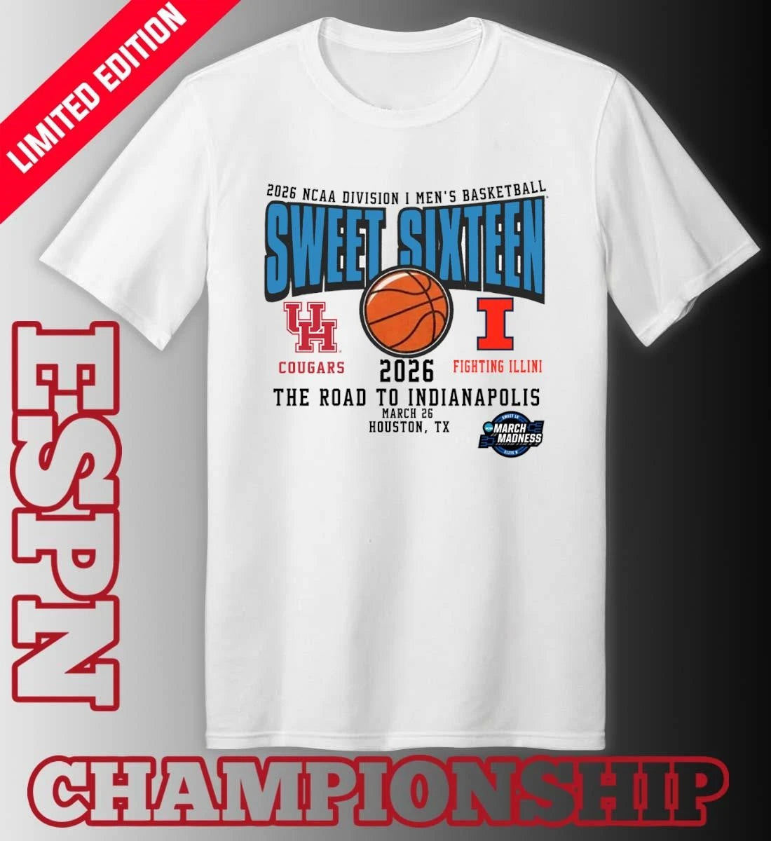 Official Houston Vs Illinois 2026 NCAA DI Men’s Basketball Tournament Sweet Sixteen T-Shirt