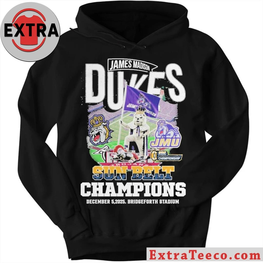 Official James Madison Dukes Sun Belt Champions December 5 2025 Bridgeforth Stadium Logo T-Shirt