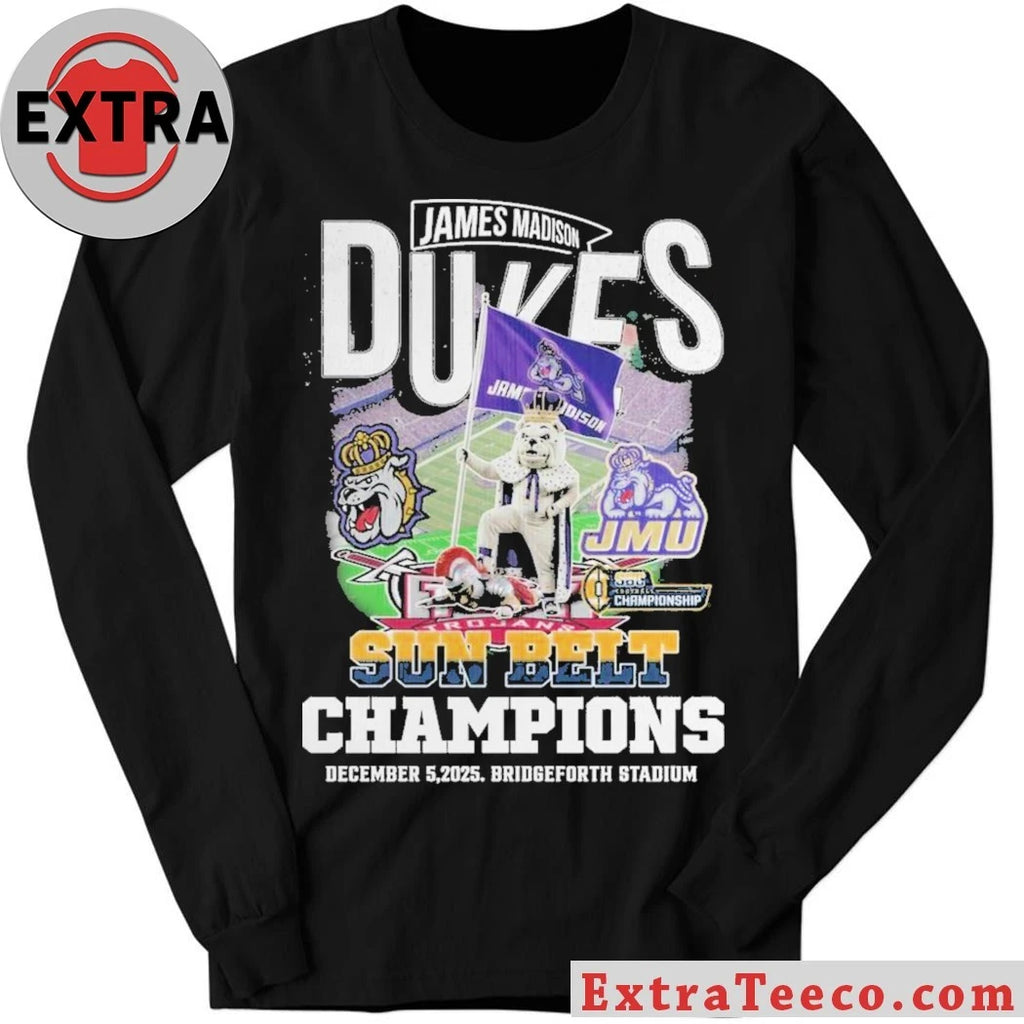Official James Madison Dukes Sun Belt Champions December 5 2025 Bridgeforth Stadium Logo T-Shirt