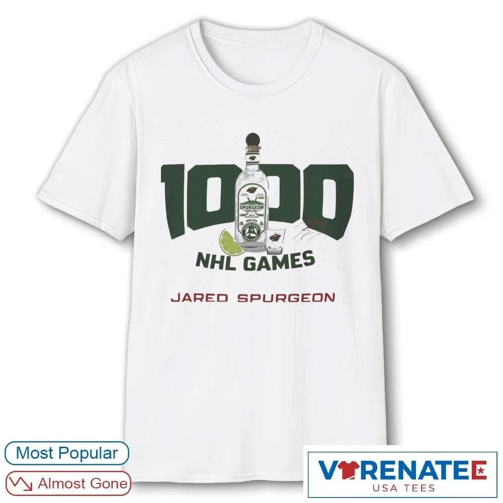 Official Jared Spurgeon 1000 NHL Games Minnesota Wild Hockey T-Shirt