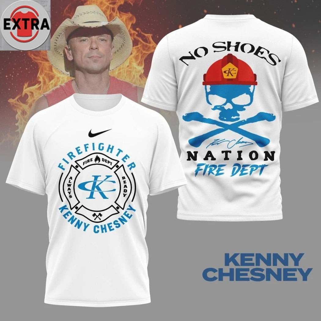 Official Kenny Chesney Firefighter No Shoes Nation Signature And Logo 2026 Two Sided T-Shirt