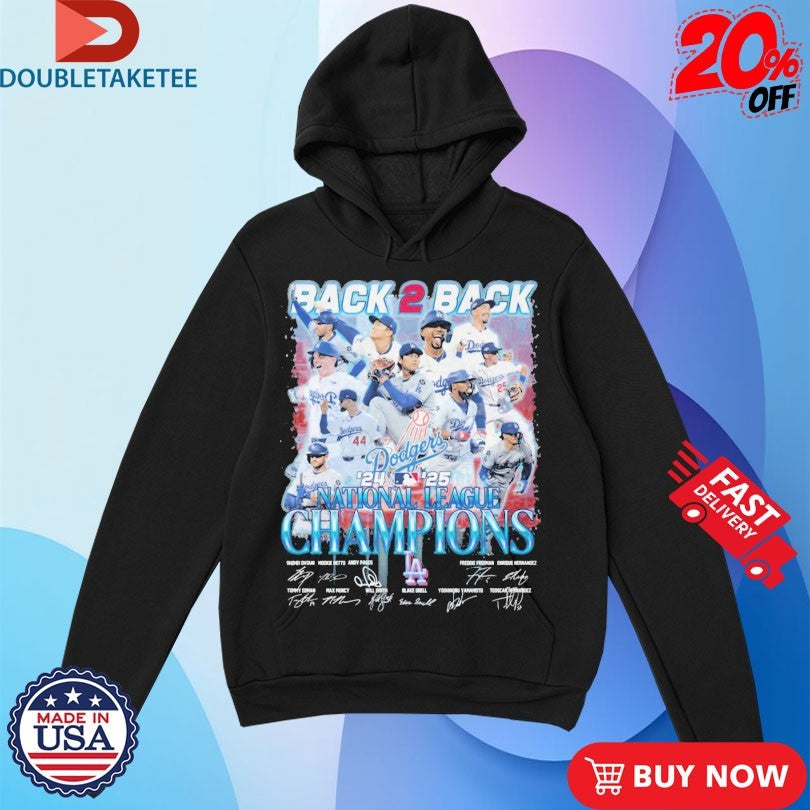 Official Los Angeles Dodgers Back 2 Back National League MLB Champions 2024 2025 Players Signatures Shirts