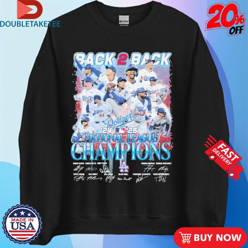 Official Los Angeles Dodgers Back 2 Back National League MLB Champions 2024 2025 Players Signatures Shirts