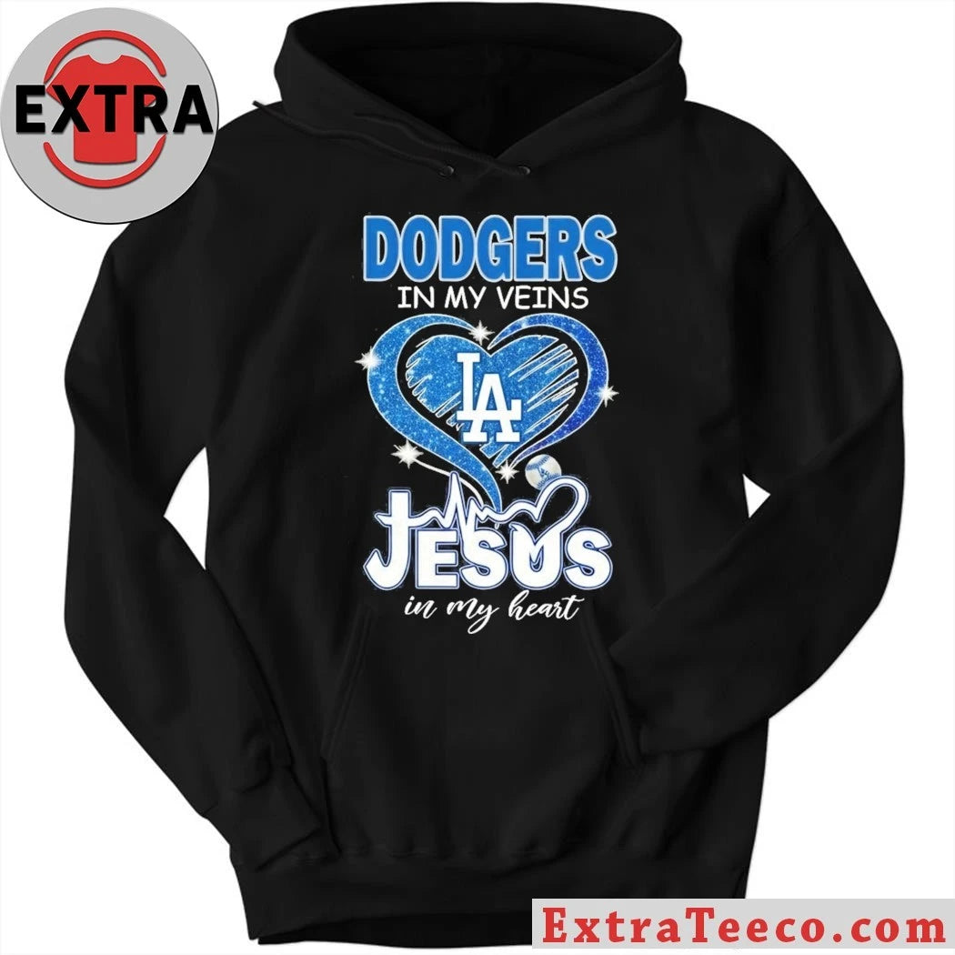 Official Los Angeles Dodgers In My Veins Jesus In My Heart Logo T-Shirt