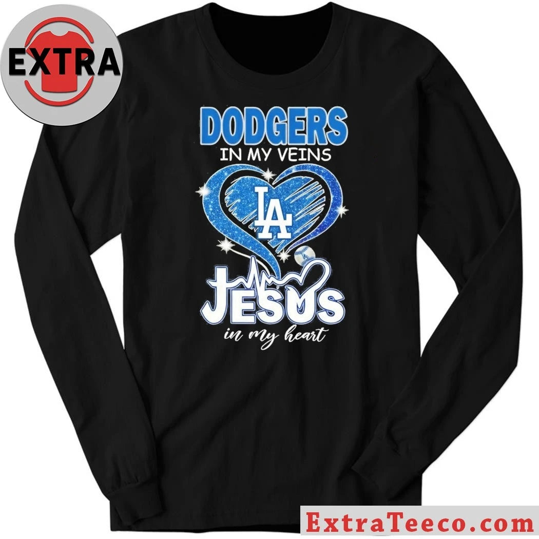 Official Los Angeles Dodgers In My Veins Jesus In My Heart Logo T-Shirt