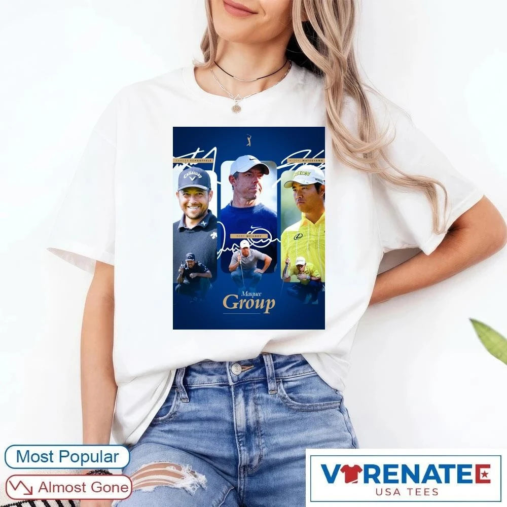 Official Marquee Group Xander Schauffele, Rory Mcilroy and Hideki Matsuyama THE PLAYERS Championship Signatures Poster T-Shirt