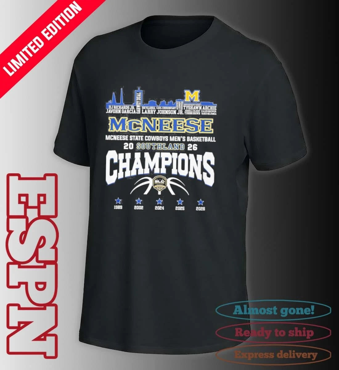 Official Mcneese State Cowboys Skyline Player Name Southland Men’s Basketball Champions Shirt