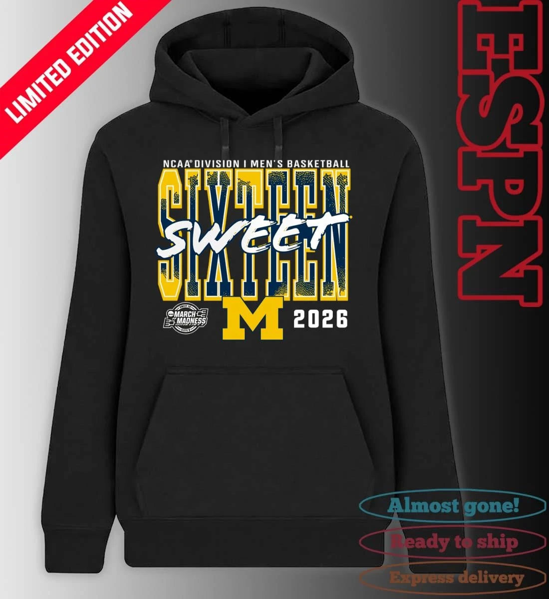 Official Michigan Wolverines 2026 NCAA Men’s Basketball Tournament March Madness Sweet 16 T-Shirt